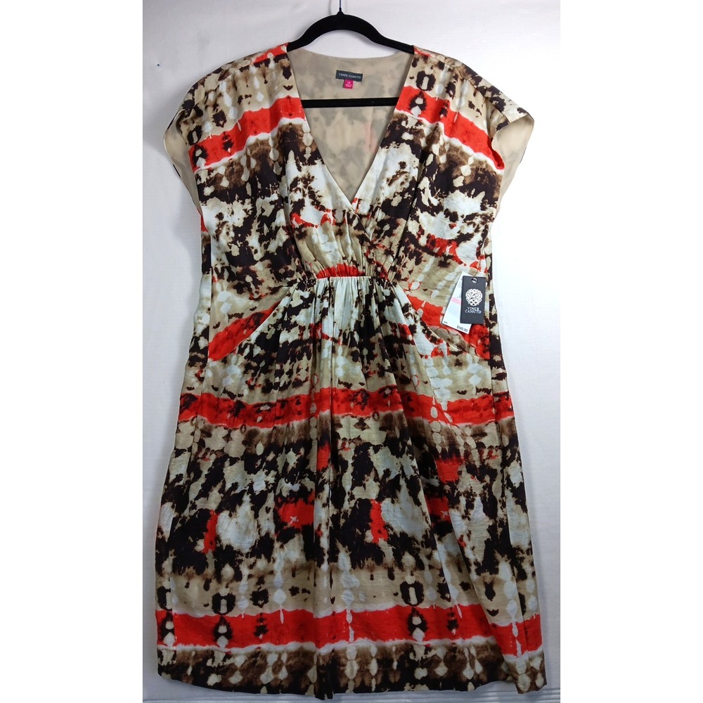 Vince Camuto Size‎ 10 Brown Beige Print Dress  V-Neck Cap Sleeve Pockets